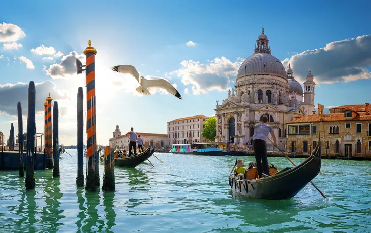 Gondoliere vor Santa Maria della Salute in Venedig